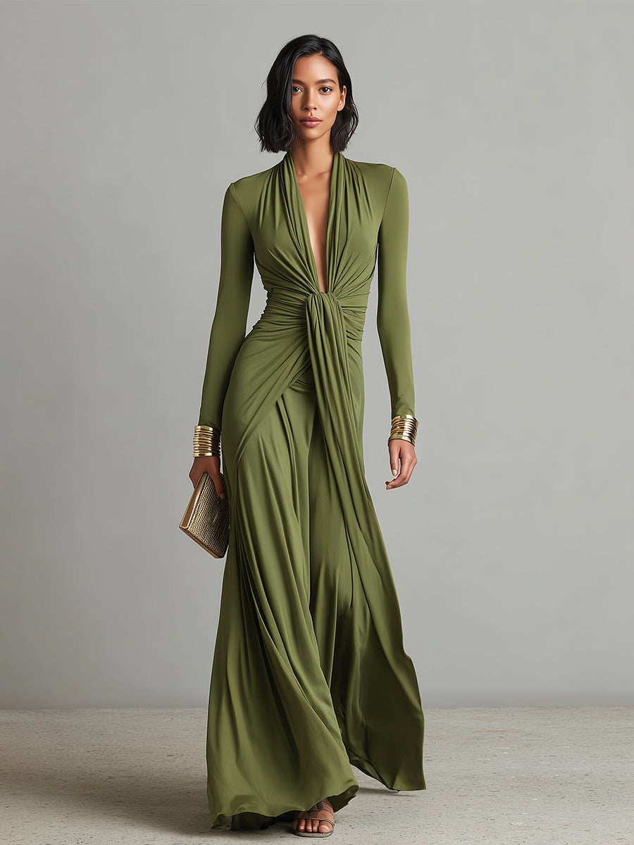 Vestido largo verde oliva de seda elástica con escote en V
