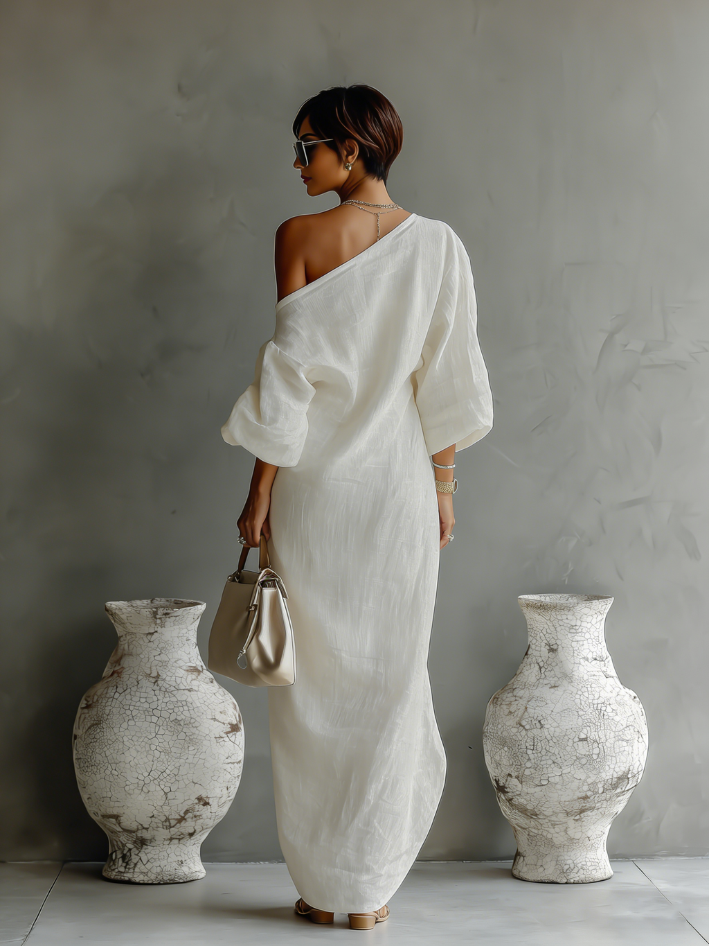 Vestido elegante y vaporoso de algodón y lino en color blanco marfil