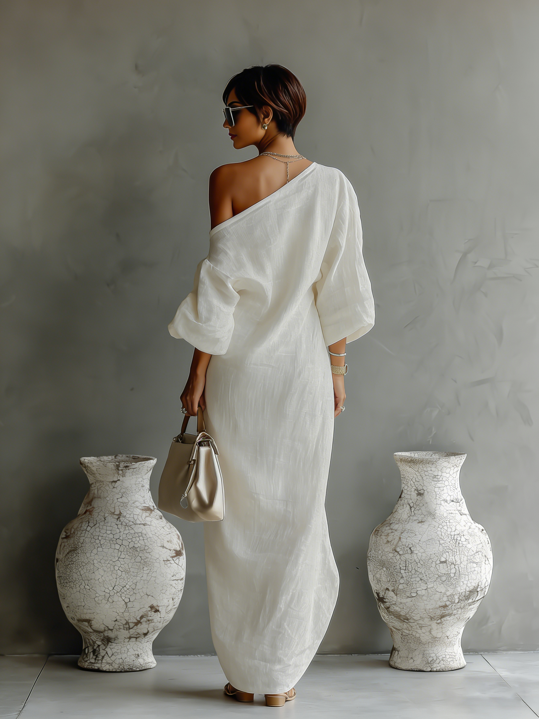 Vestido elegante y vaporoso de algodón y lino en color blanco marfil