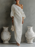 Vestido elegante y vaporoso de algodón y lino en color blanco marfil