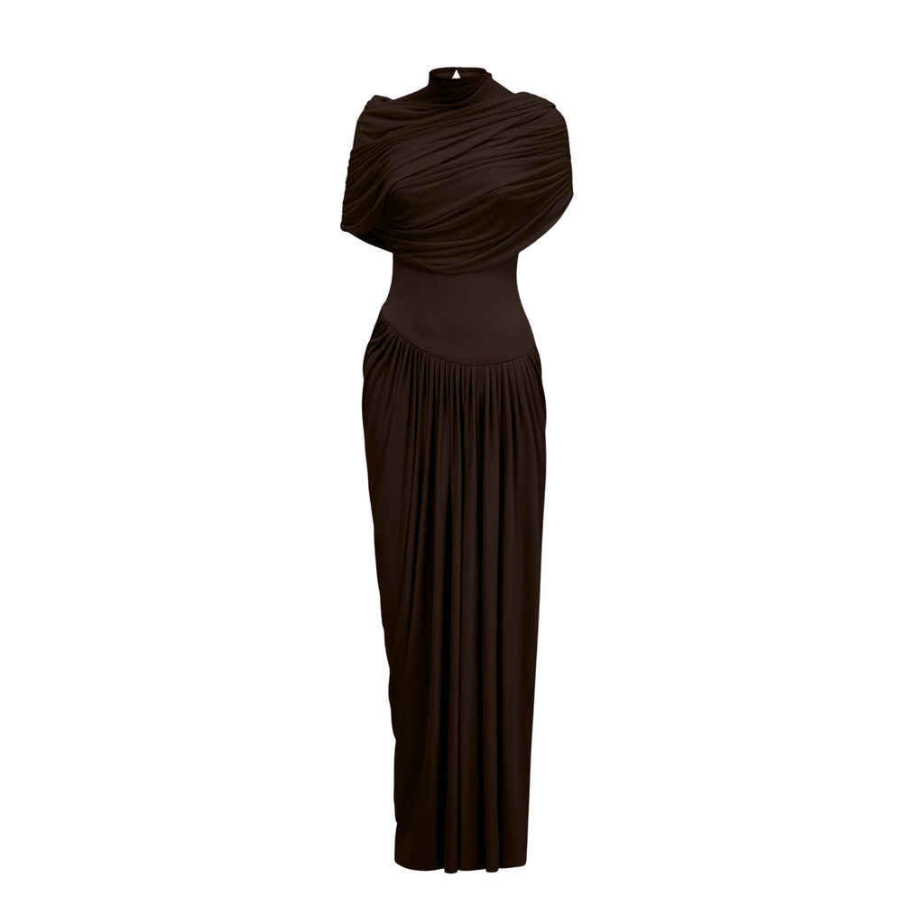 Vestido maxi asimétrico plisado Catherine en marrón