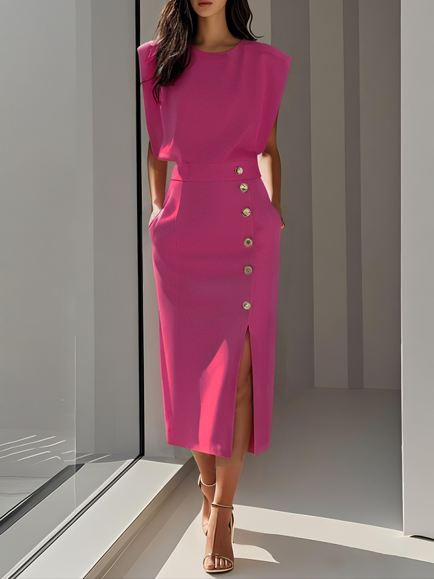 Vestido  liso con abertura con botones y escote redondo