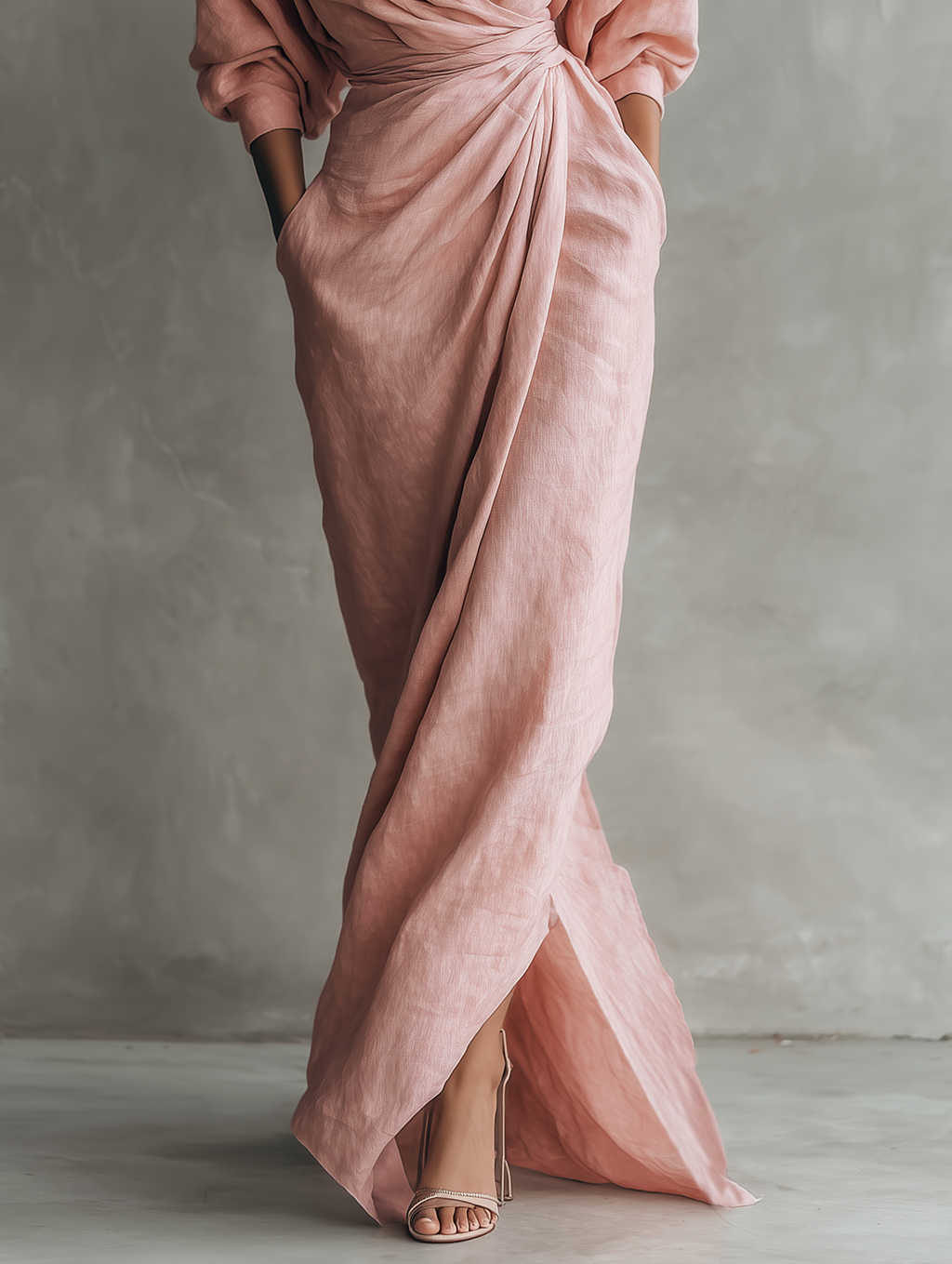 Vestido largo minimalista rosa con cuello en V, de mezcla de lino, para mujer