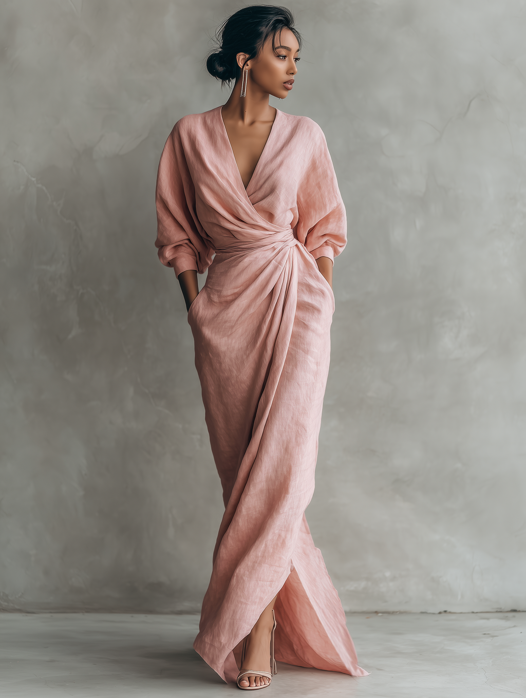Vestido largo minimalista rosa con cuello en V, de mezcla de lino, para mujer