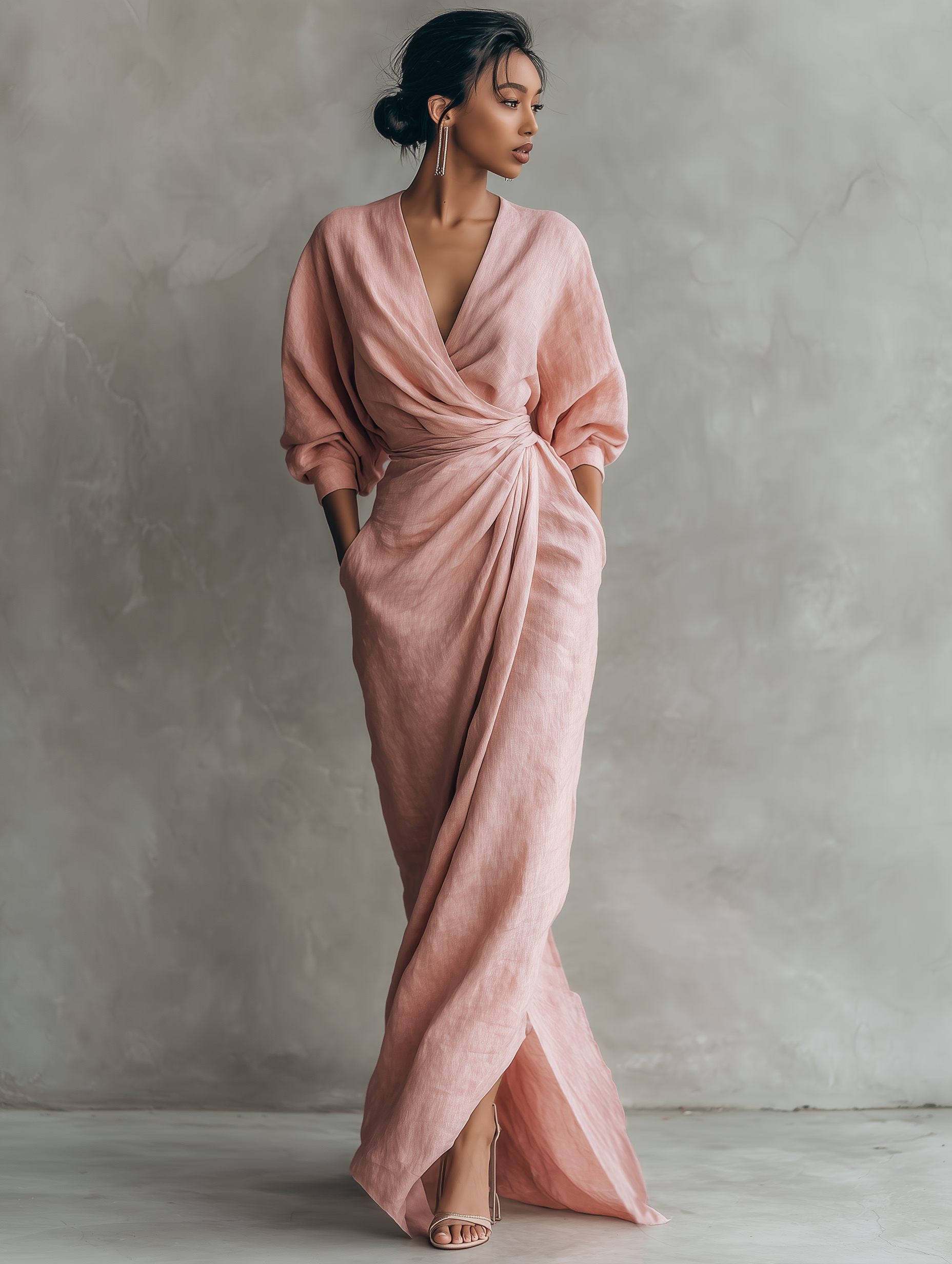 Vestido largo minimalista rosa con cuello en V, de mezcla de lino, para mujer