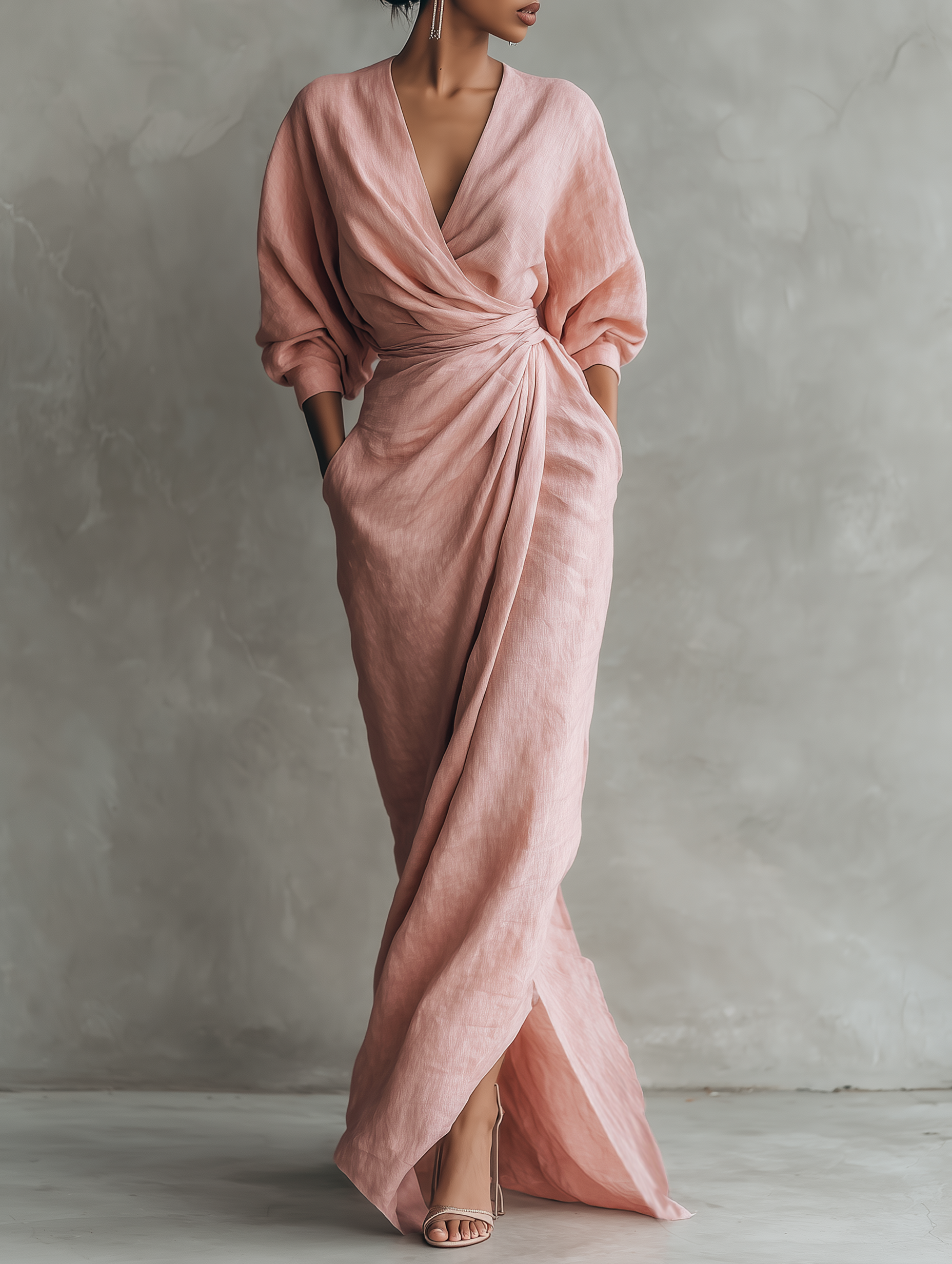 Vestido largo minimalista rosa con cuello en V, de mezcla de lino, para mujer