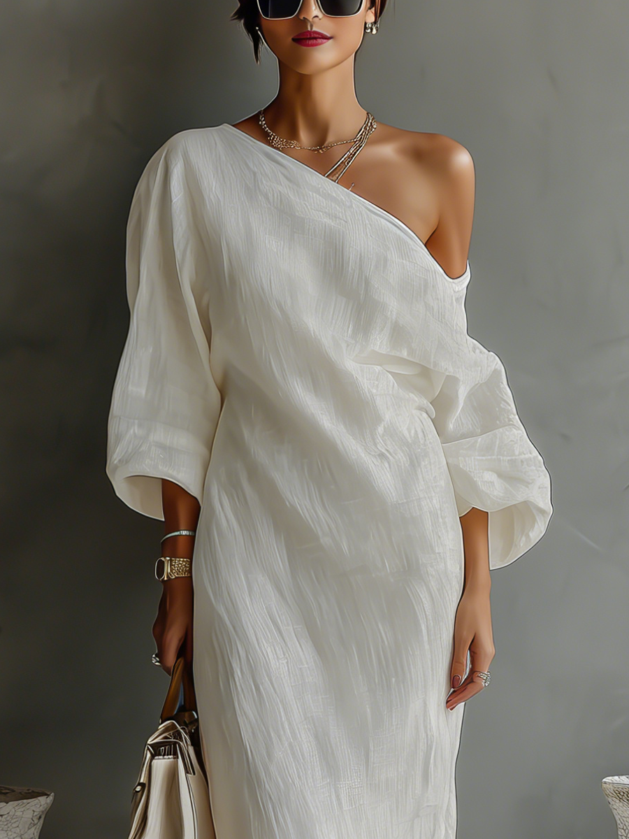 Vestido elegante y vaporoso de algodón y lino en color blanco marfil