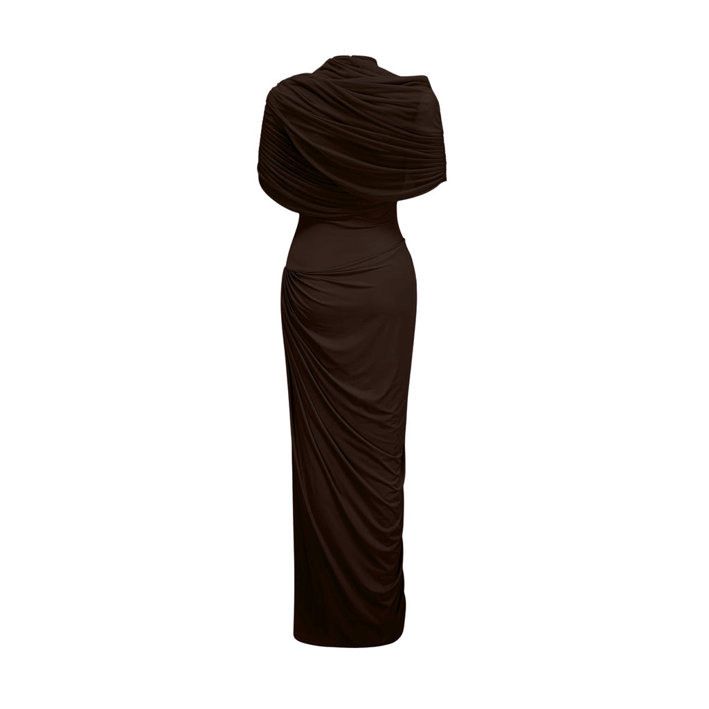 Vestido maxi asimétrico plisado Catherine en marrón