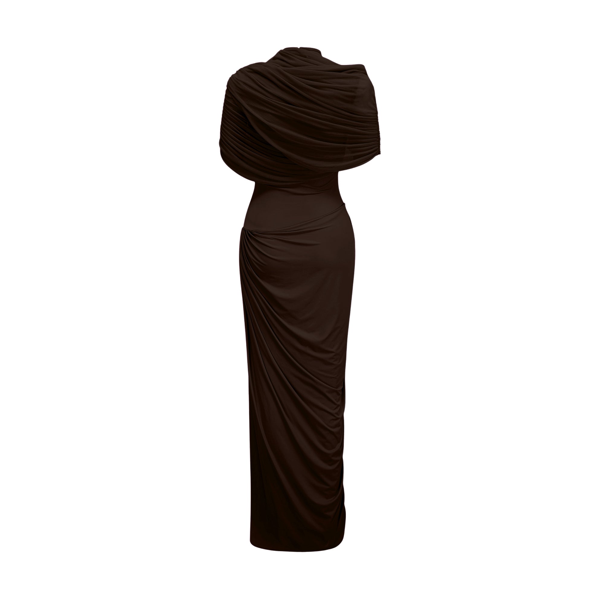 Vestido maxi asimétrico plisado Catherine en marrón