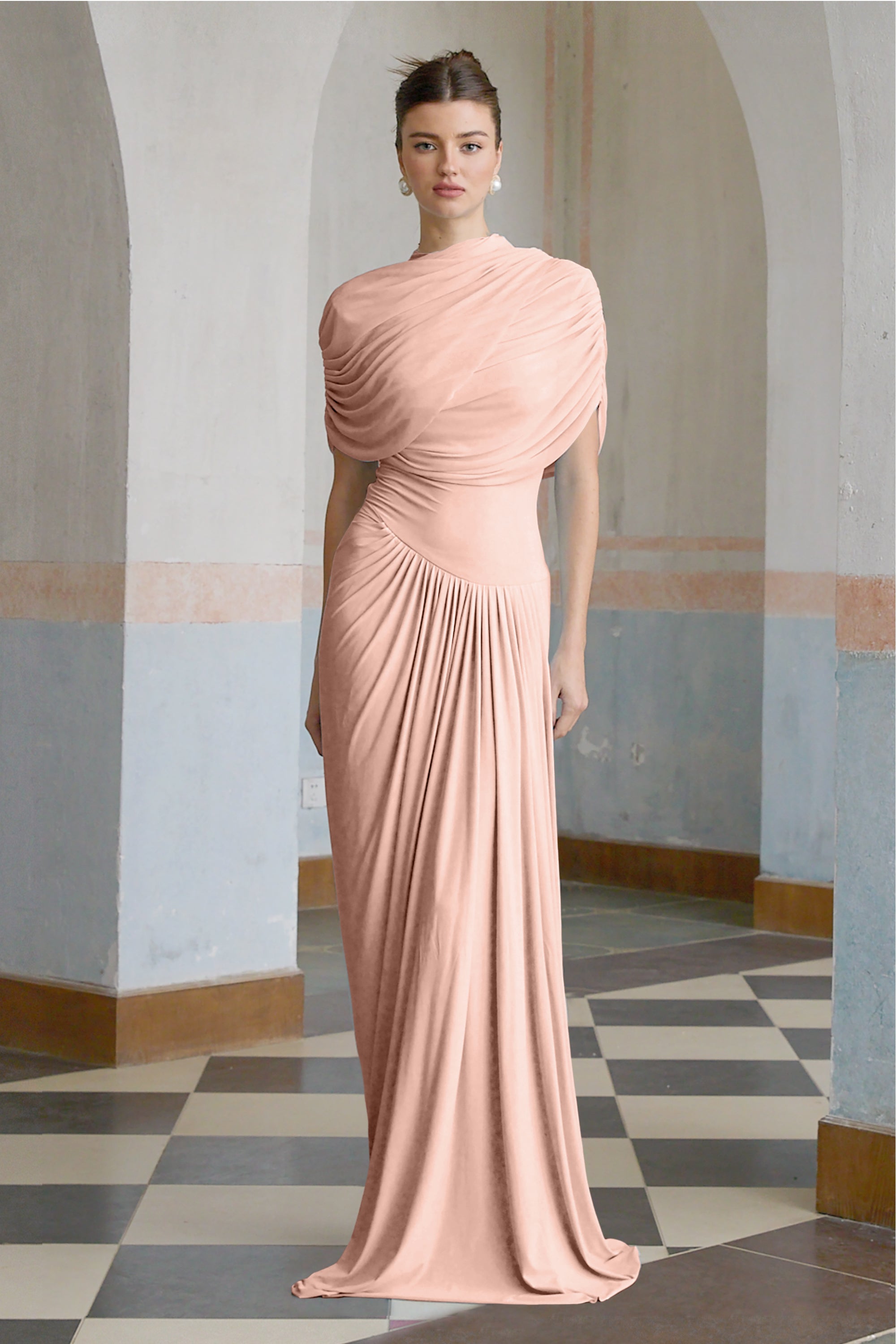 Vestido largo plisado asimétrico Catherine en rosa