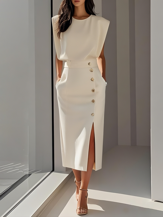 Vestido  liso con abertura con botones y escote redondo