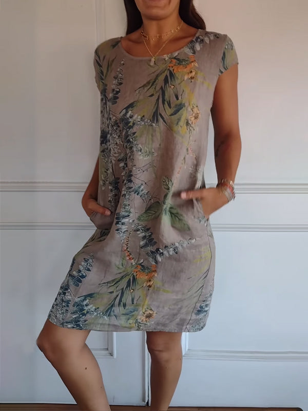 Vestido de cuello redondo con estampado botánico