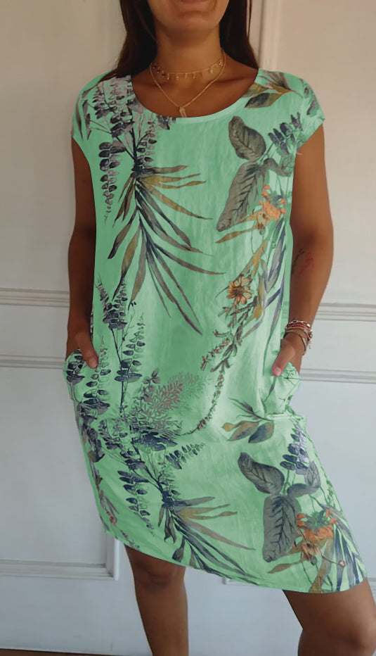 Vestido de cuello redondo con estampado botánico
