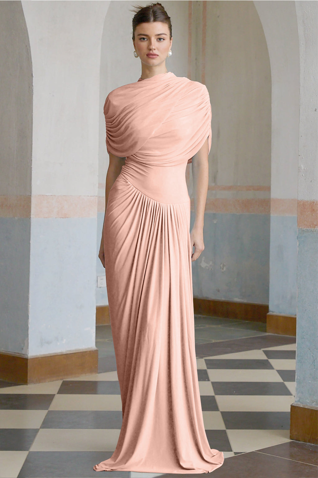 Vestido largo plisado asimétrico Catherine en rosa