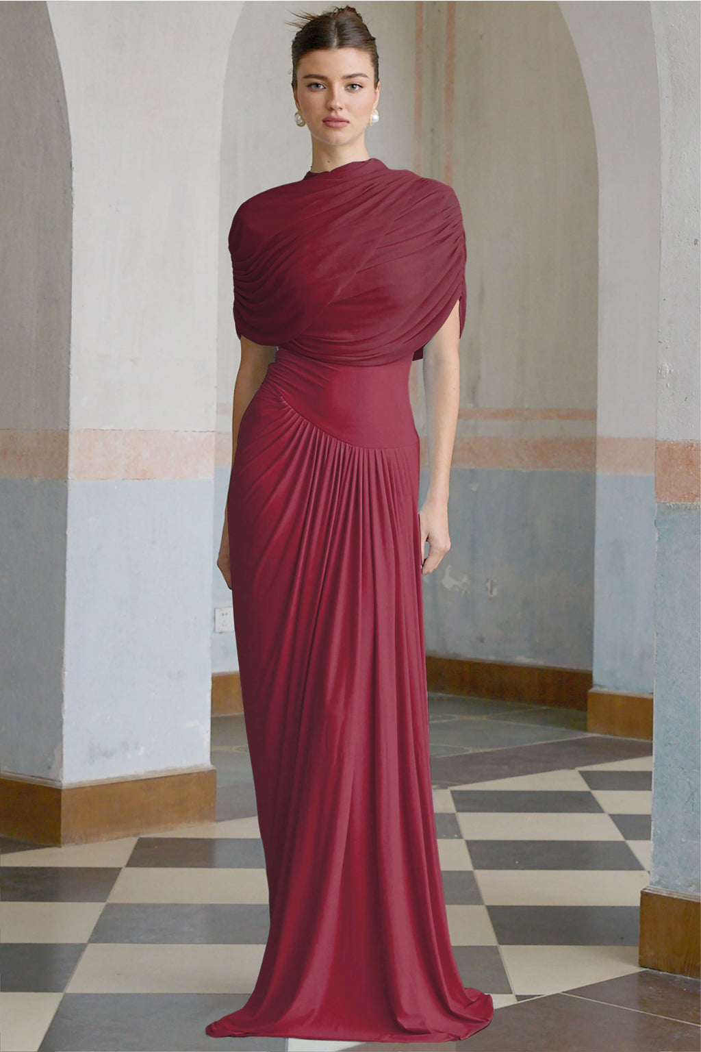 Vestido largo plisado asimétrico Catherine en rojo