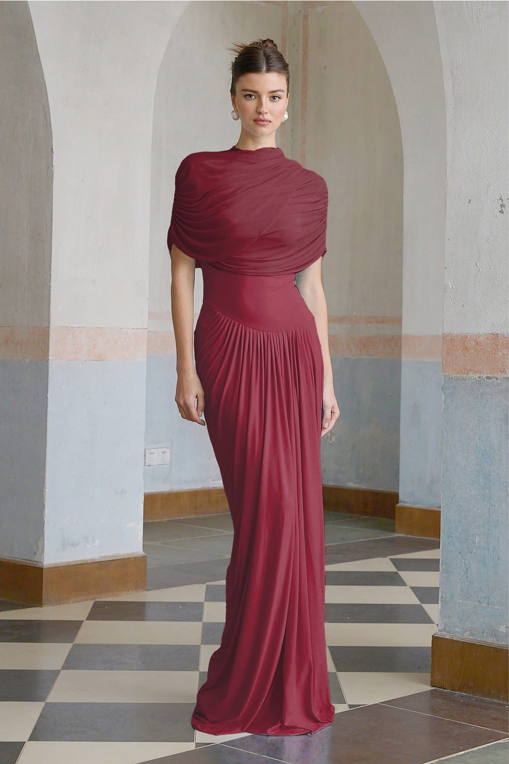 Vestido largo plisado asimétrico Catherine en rojo