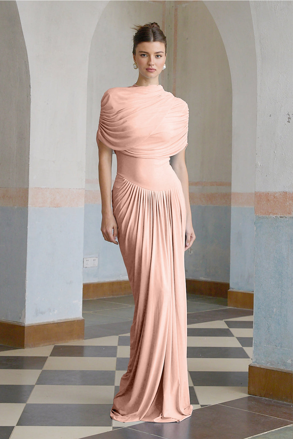 Vestido largo plisado asimétrico Catherine en rosa