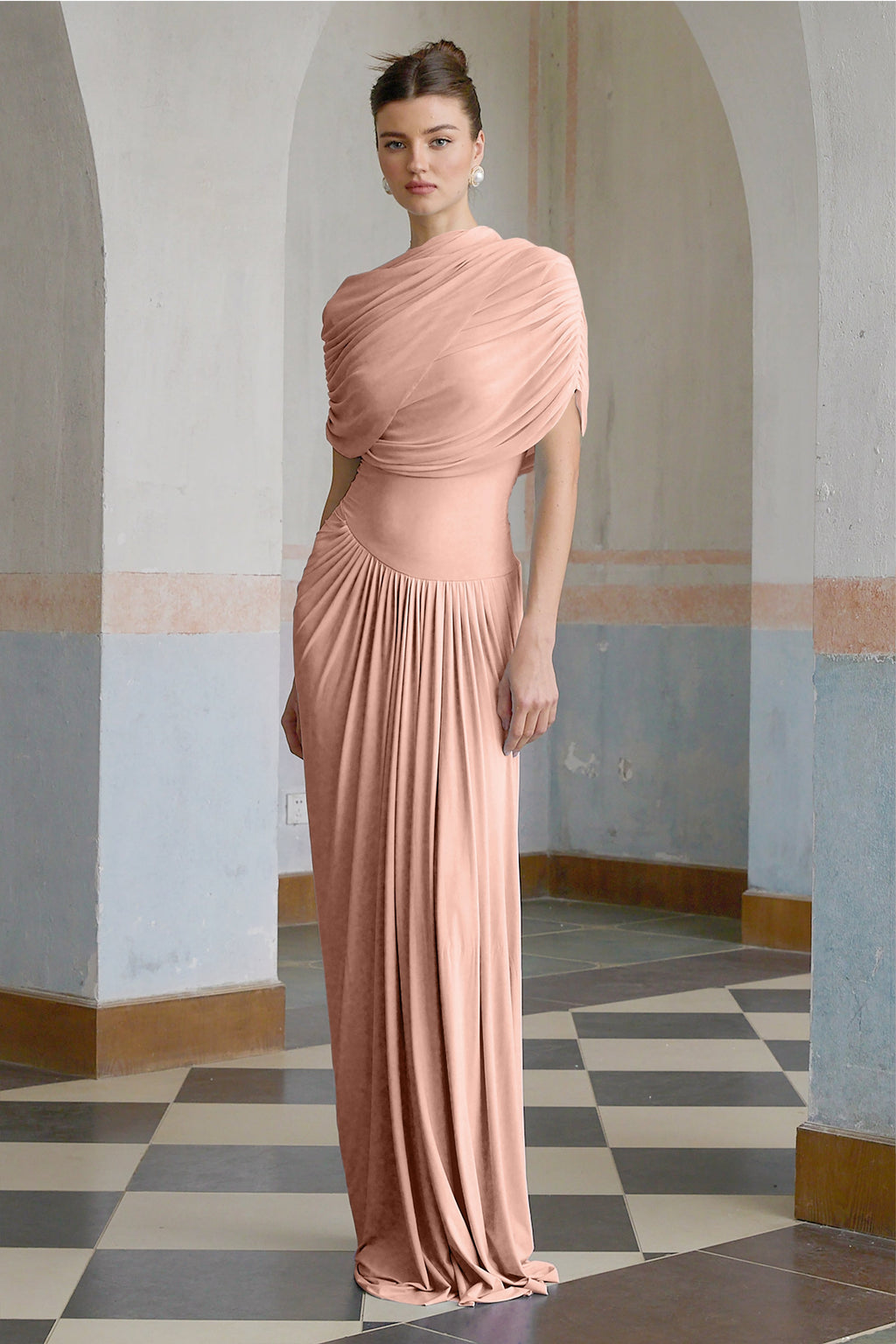 Vestido largo plisado asimétrico Catherine en rosa