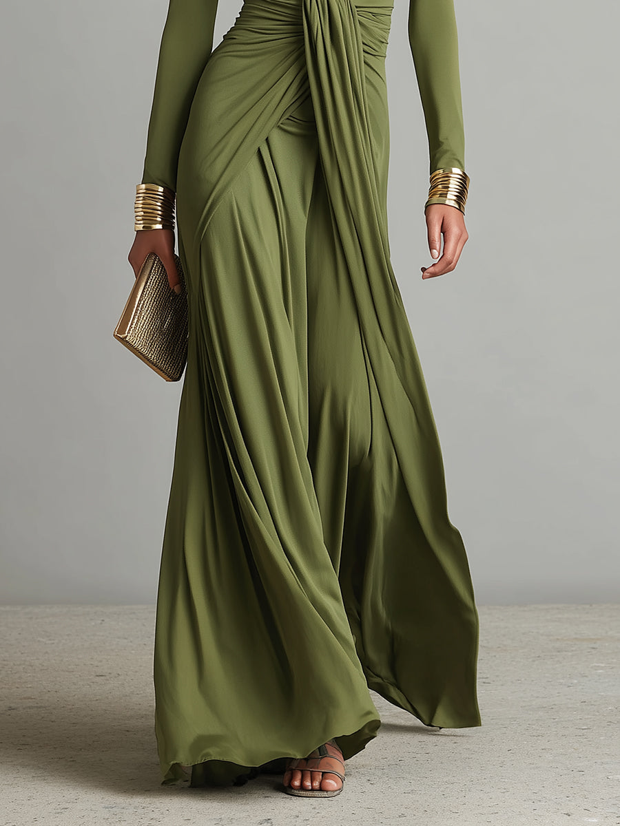 Vestido largo verde oliva de seda elástica con escote en V