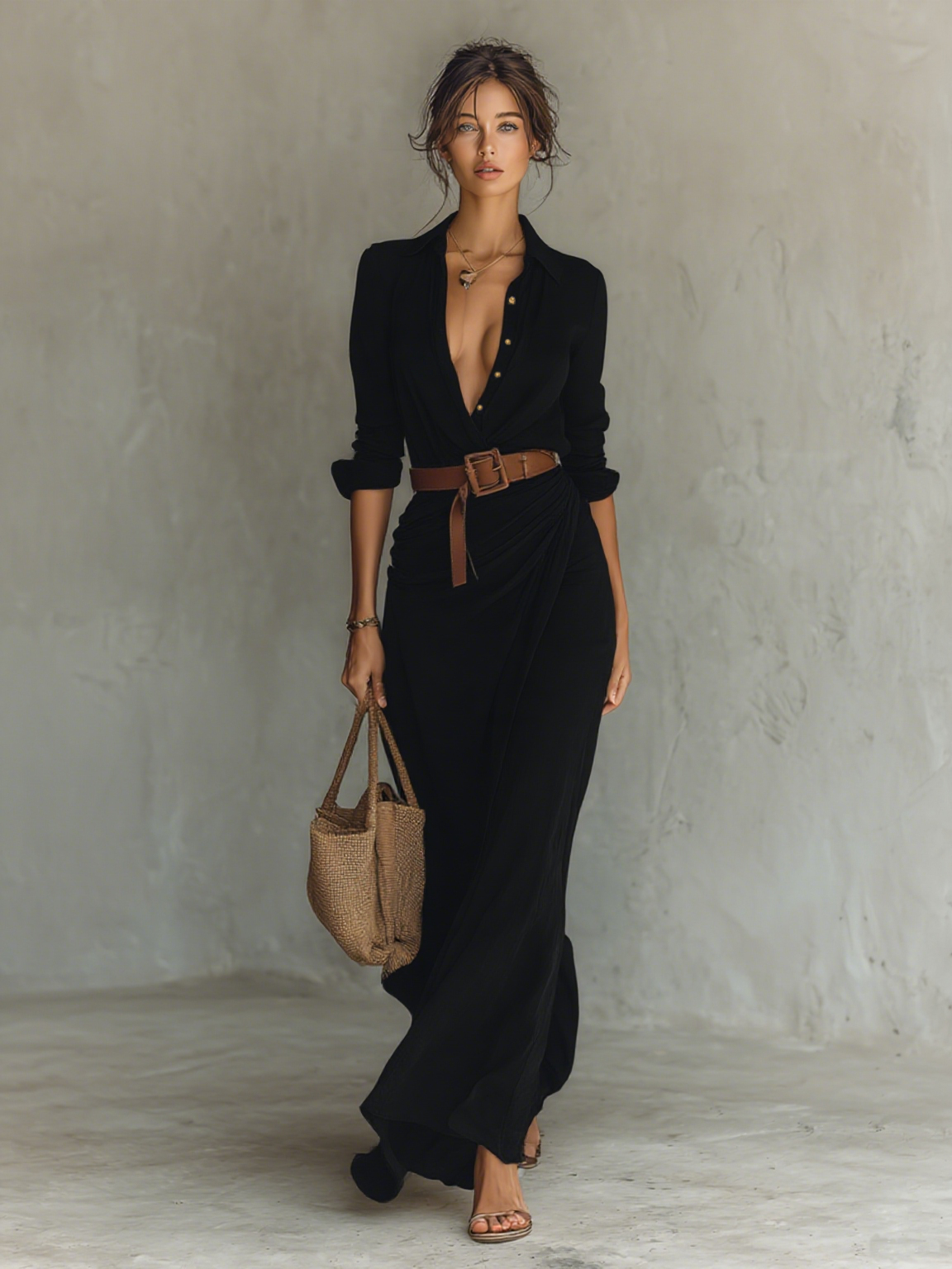 Vestido largo con cuello de solapa y mangas largas para mujer