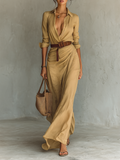 Vestido largo con cuello de solapa y mangas largas para mujer