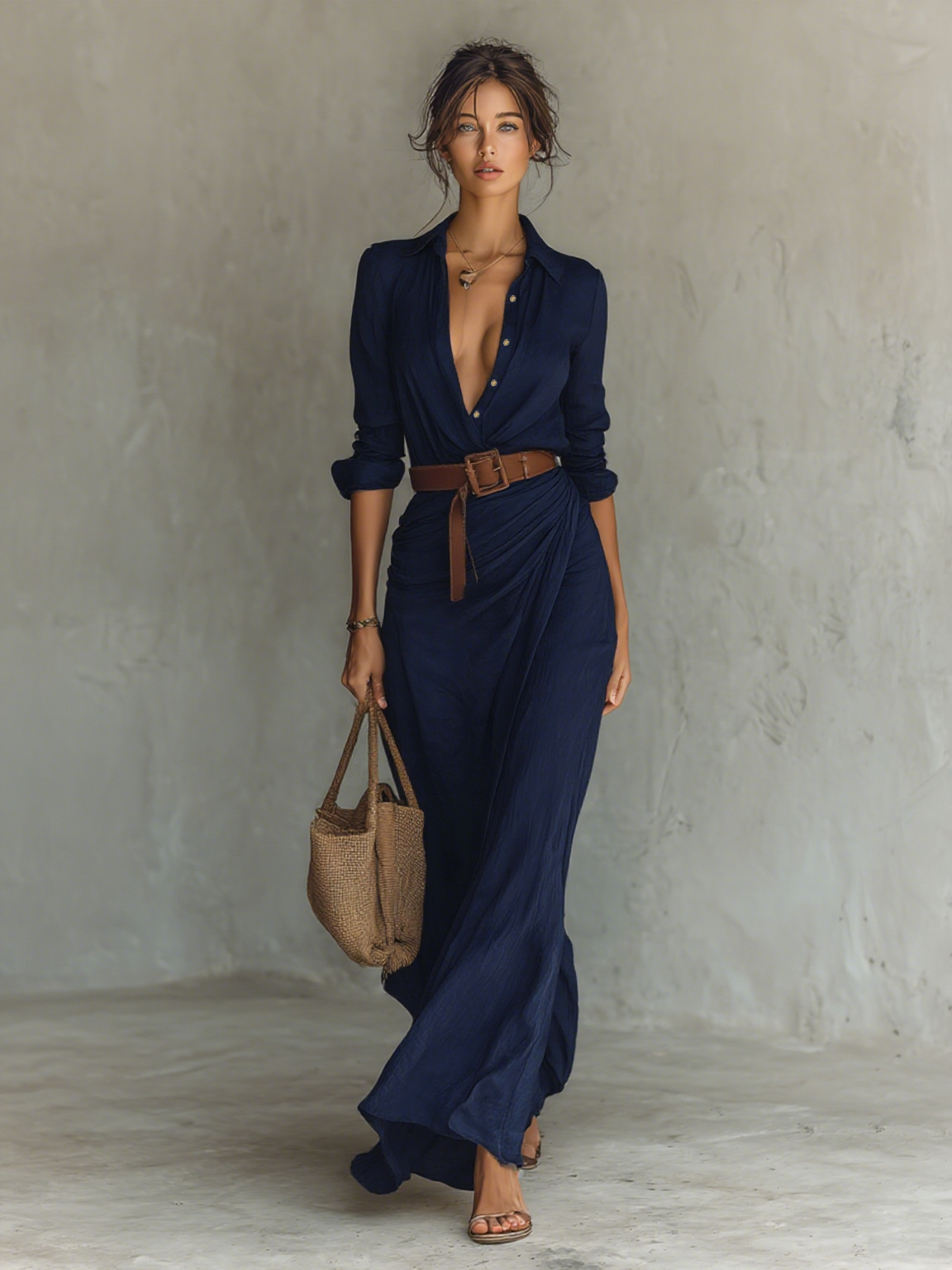 Vestido largo con cuello de solapa y mangas largas para mujer