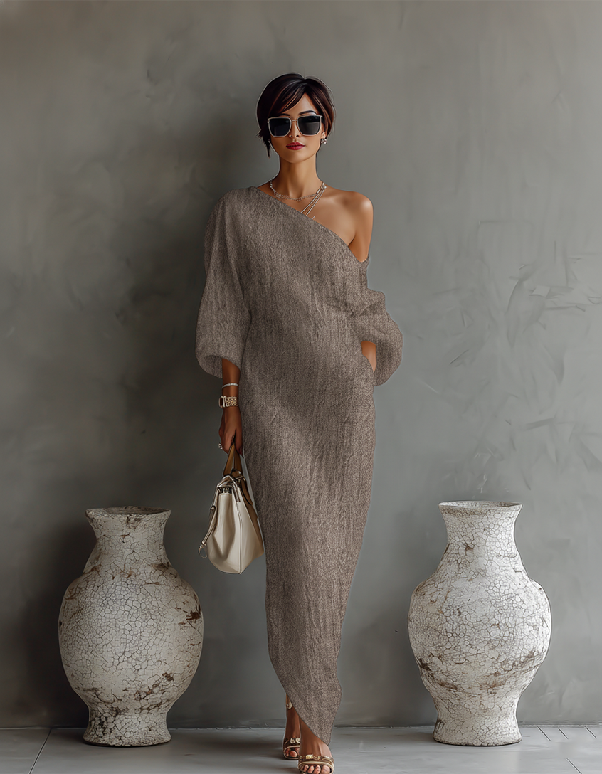 Vestido elegante y vaporoso de algodón y lino en color blanco marfil