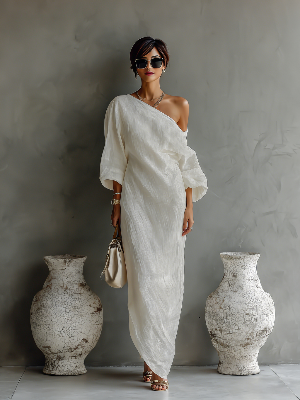 Vestido elegante y vaporoso de algodón y lino en color blanco marfil