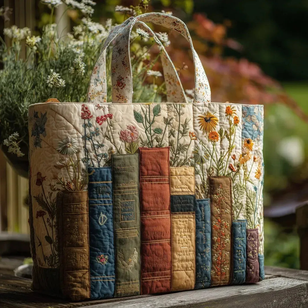 Bolso™ acolchado hecho a mano: libros y flores