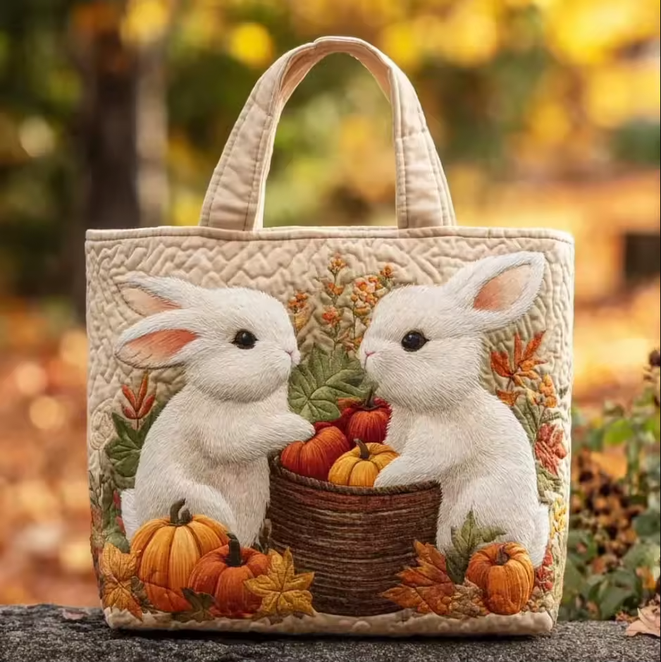 Bolso acolchado hecho a mano con conejitos y calabazas