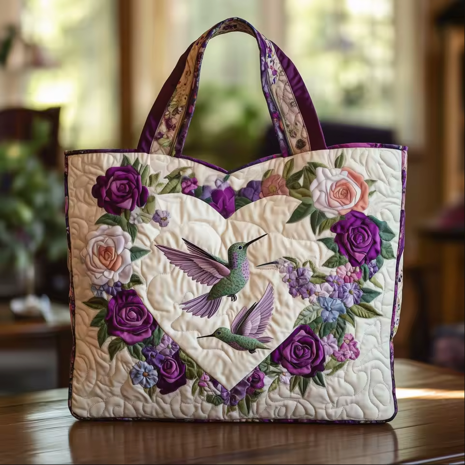 Bolsa acolchada hecha a mano con colibrí sobre un corazón