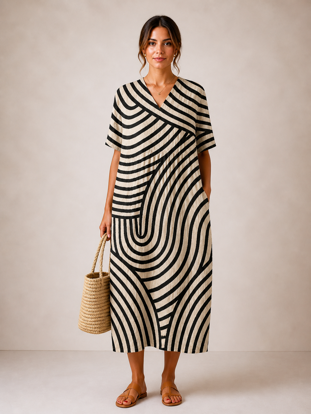 Velora - Vestido Fluido con Patrón de Línea Geométrica Dibujada a Mano