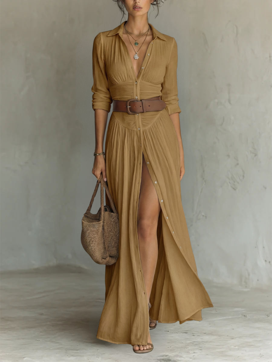 Vestido largo con cuello de solapa y mangas largas de lino para mujer