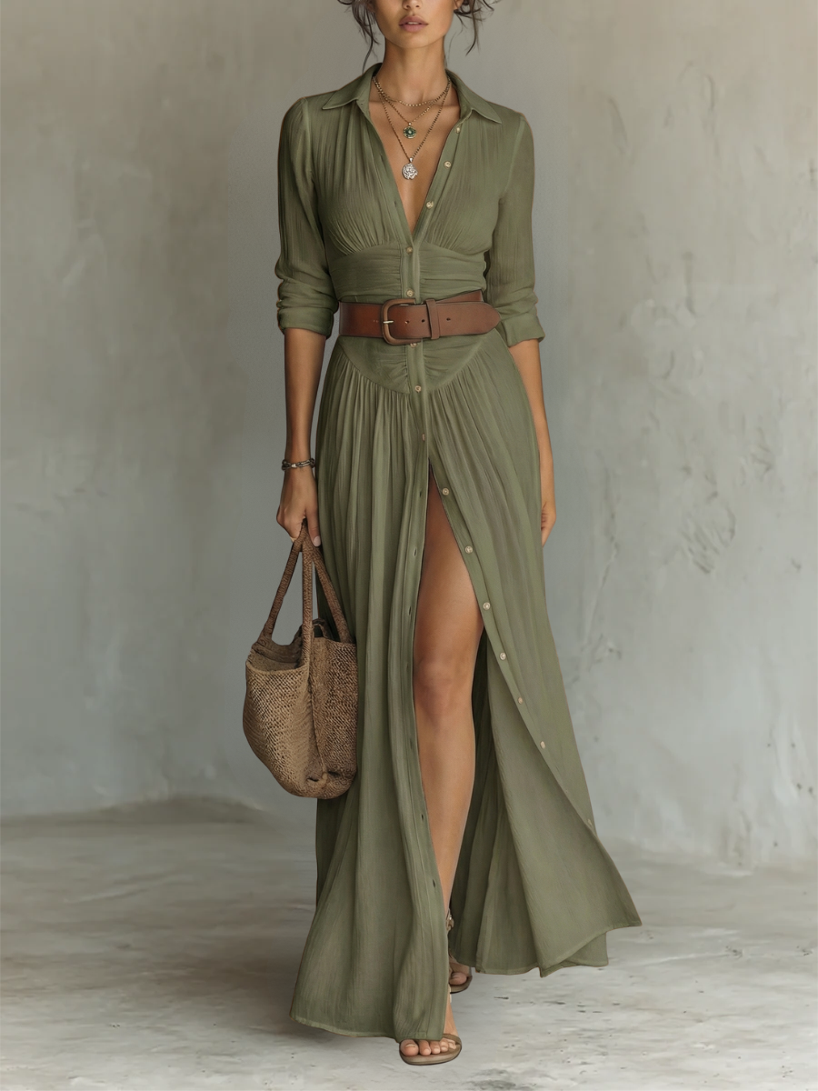 Vestido largo con cuello de solapa y mangas largas de lino para mujer