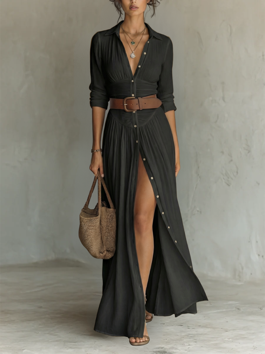Vestido largo con cuello de solapa y mangas largas de lino para mujer