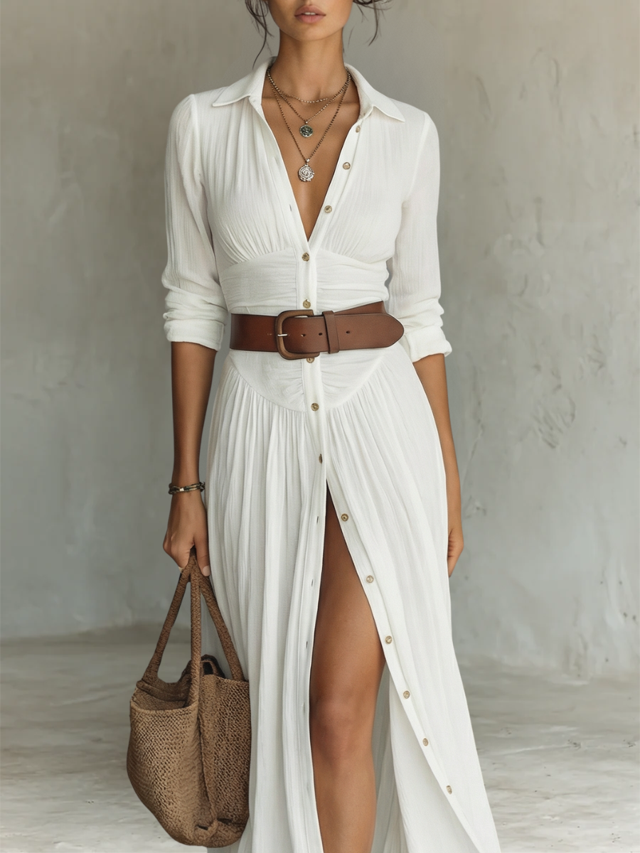 Vestido largo con cuello de solapa y mangas largas de lino para mujer