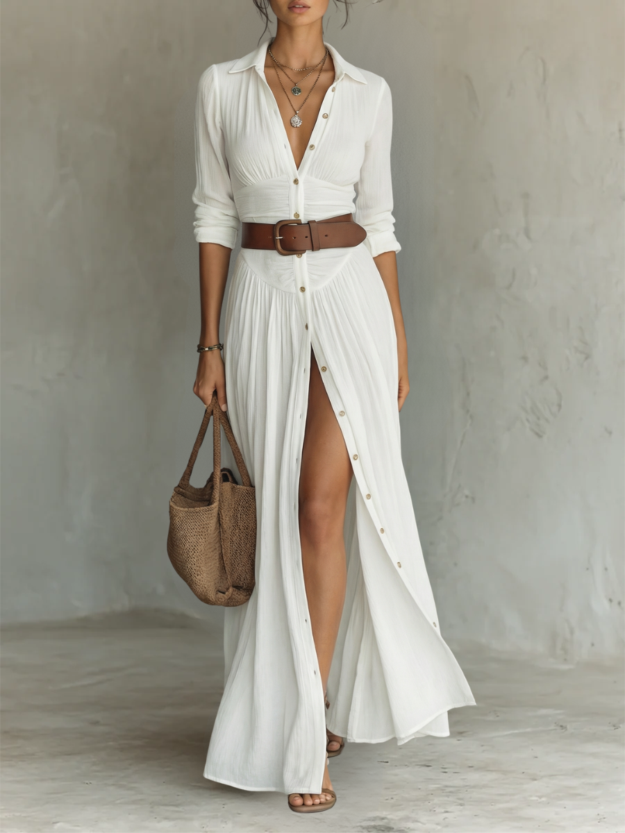 Vestido largo con cuello de solapa y mangas largas de lino para mujer