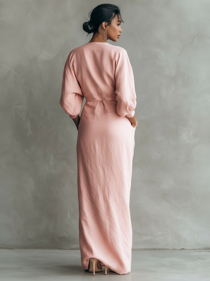 Vestido largo minimalista rosa con cuello en V, de mezcla de lino, para mujer