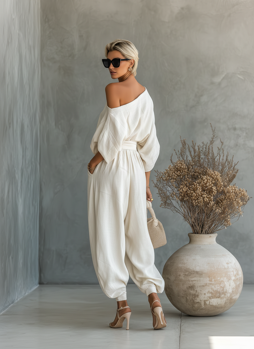 Conjunto de lino en color blanco roto para mujer, con top de hombros al aire