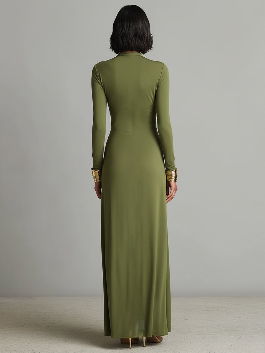 Vestido largo verde oliva de seda elástica con escote en V