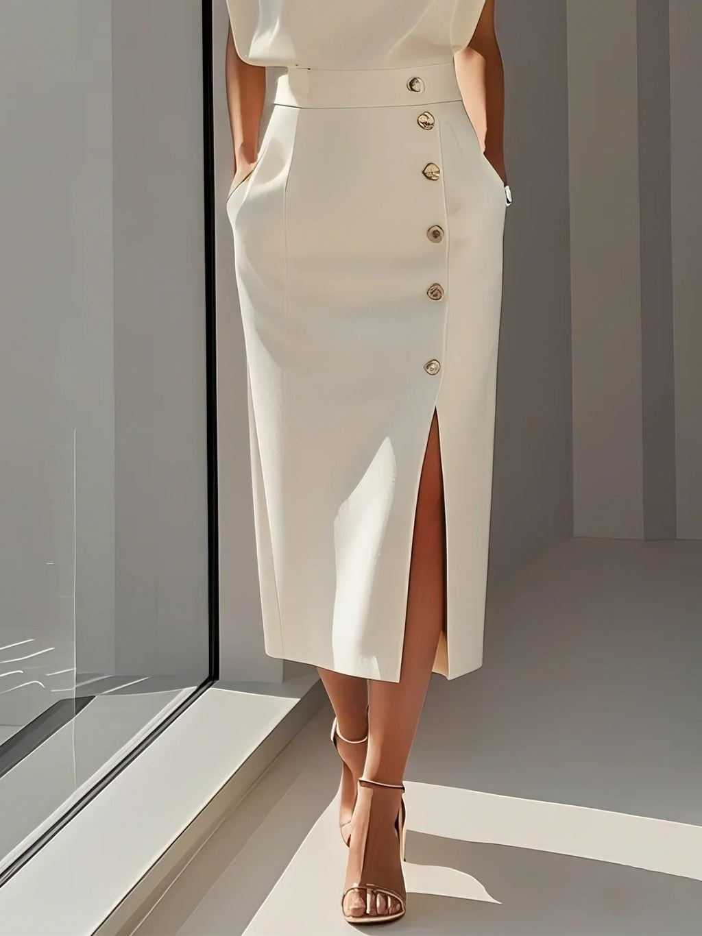 Vestido  liso con abertura con botones y escote redondo