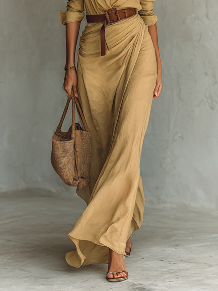 Vestido largo con cuello de solapa y mangas largas para mujer