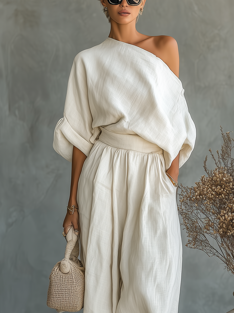 Conjunto de lino en color blanco roto para mujer, con top de hombros al aire
