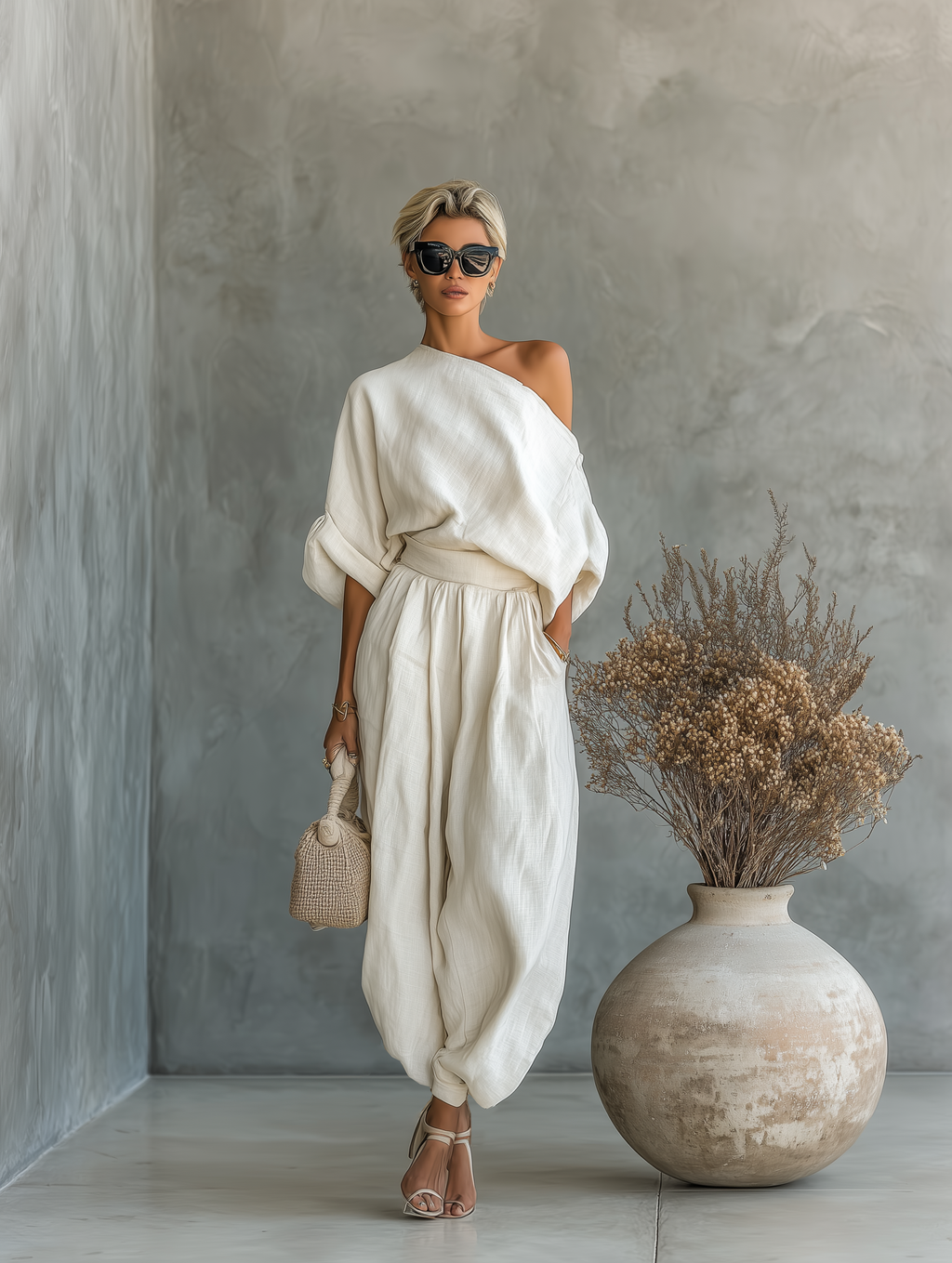 Conjunto de lino en color blanco roto para mujer, con top de hombros al aire