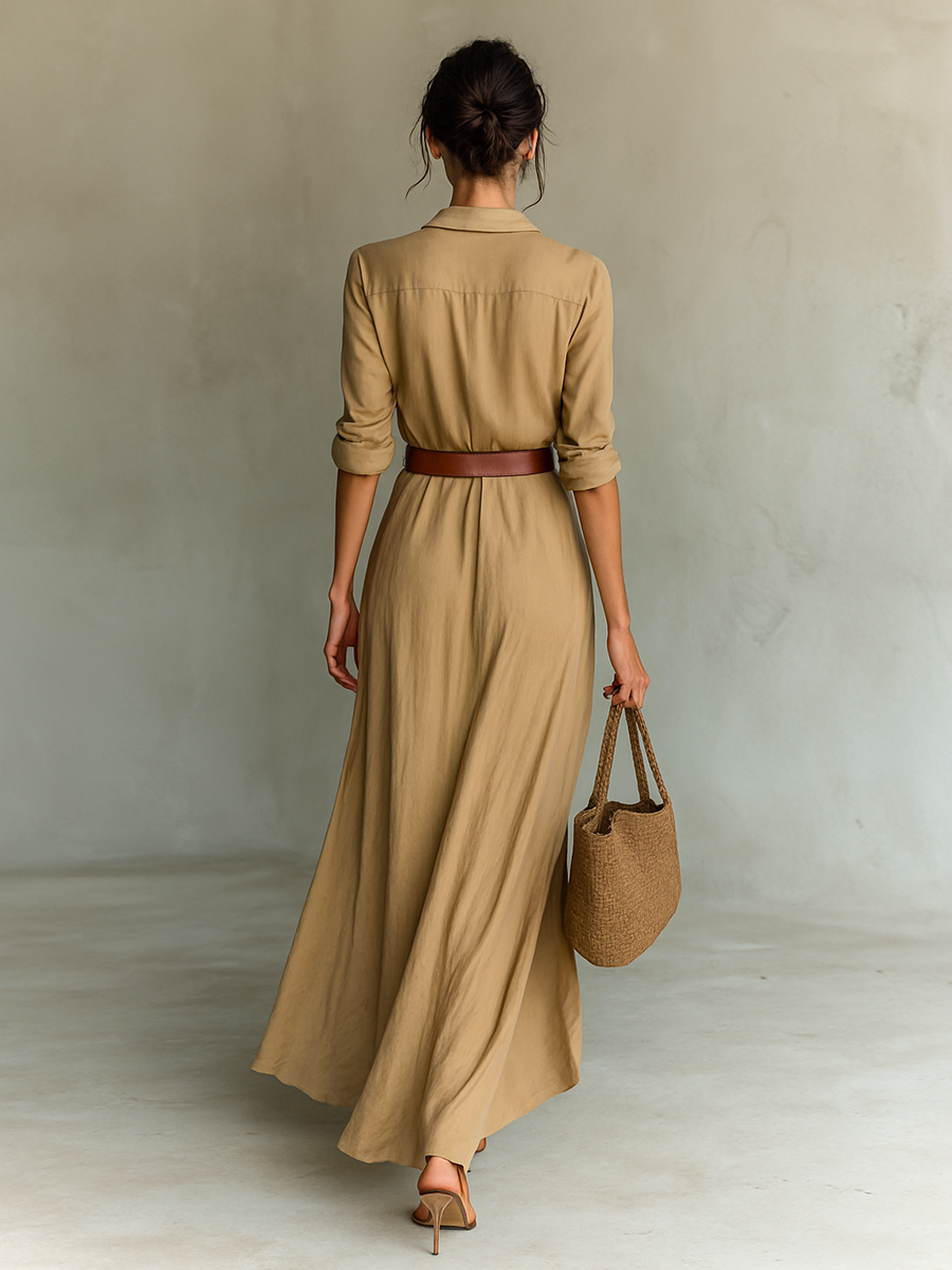 Vestido largo con cuello de solapa y mangas largas para mujer